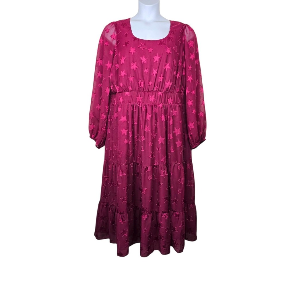 Torrid Womens Magenta Burnout Star Chiffon Tiered Midi Dress Size 2X